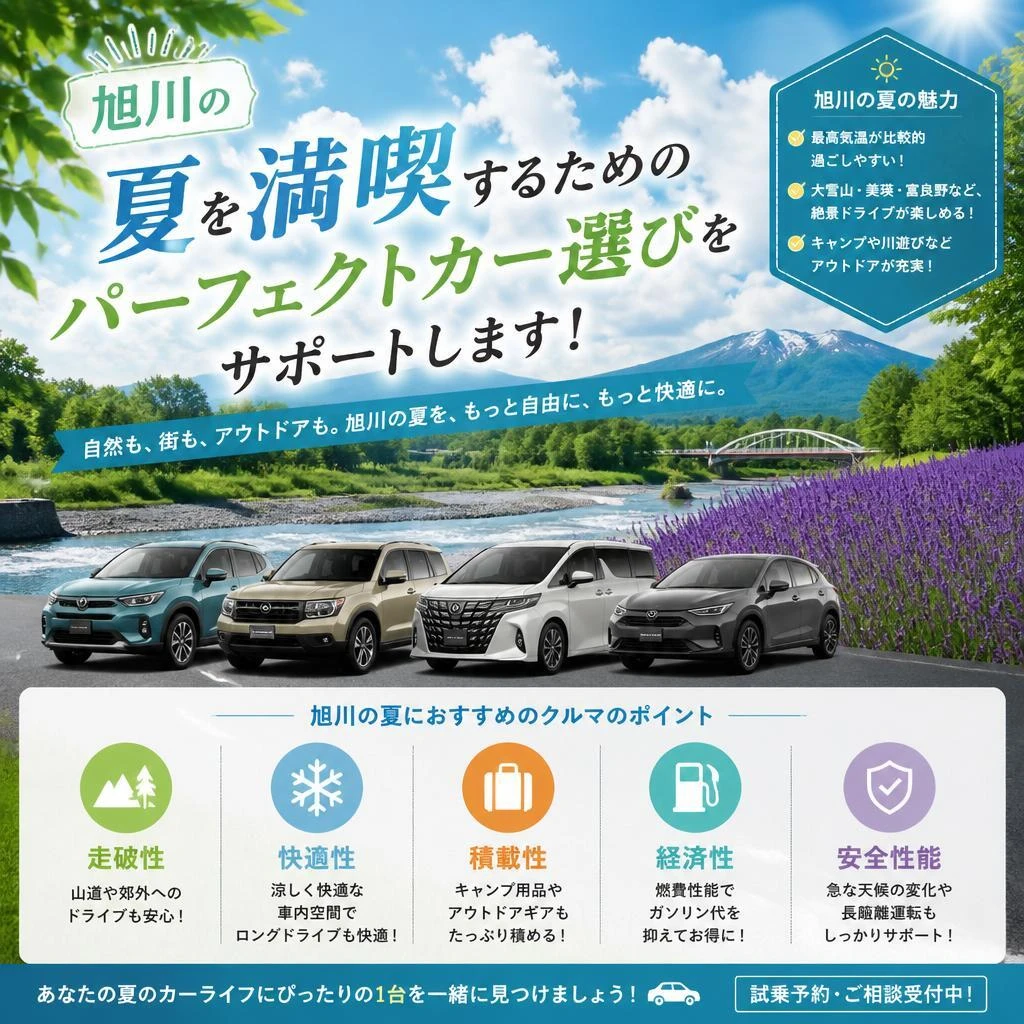 旭川の夏を満喫するためのパーフェクトカー選びをサポートします！