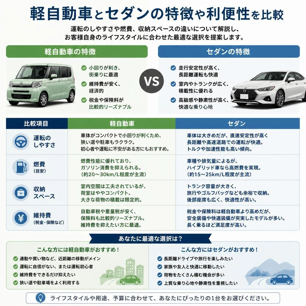 軽自動車 vs セダン：あなたにどちらが向いている？