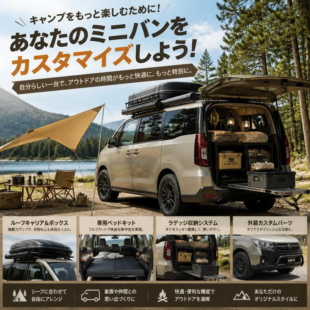 キャンプをもっと楽しむために！あなたのミニバンをカスタマイズしよう！